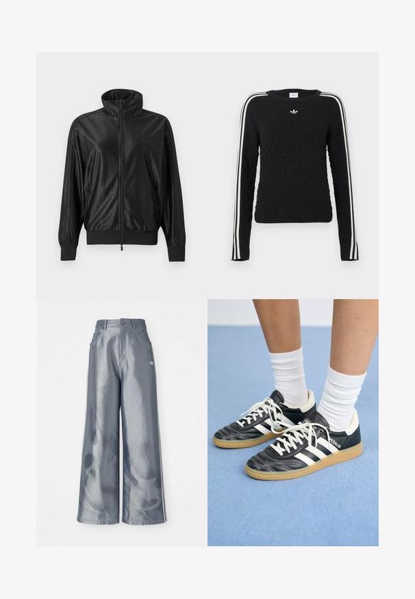 Chaqueta deportiva negra con cremallera completa, cuello alto, puños y dobladillo acanalados, bolsillos laterales y logo sutil en el lado izquierdo del pecho.; Suéter de punto negro con superficie texturizada, mangas largas, cuello redondo y rayas laterales blancas con un logo bordado en el pecho.; Pantalones de pierna ancha en material gris brillante, con rayas laterales blancas y un patrón de llamas en la parte inferior de las piernas. Cierre con botón y cremallera en la cintura.; Zapatillas deportivas de cuero negro con rayas blancas, suela de goma y cordones blancos; costuras detalladas y acentos de logo. Usadas con calcetines blancos acanalados.