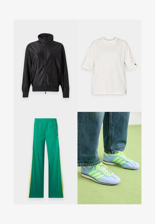 Sort fuld lynlås træningsjakke med høj krave, ribstrikkede manchetter og kant, sidelommer og subtilt logo på venstre bryst.; Lysegrå t-shirt med korte ærmer lavet af blødt stof med rund halsudskæring. Har en lille logo på brystet og det ene ærme.; Grønne træningsbukser med gule sidelommer, elastisk talje og lynlåslommer, vist fladt mod en hvid baggrund.; Lysblå træningssko med grønne detaljer, lavet af ruskind og syntetisk materiale, med tre striber og en tekstureret sål. Stylet med løse denimbukser.