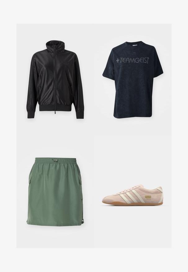 Schwarze Trainingsjacke mit durchgehendem Reißverschluss, hohem Kragen, gerippten Bündchen und Saum, seitlichen Taschen und dezentem Logo auf der linken Brust.; Schwarzes T-Shirt mit kurzen Ärmeln aus weichem Stoff, das ein strukturiertes Muster aufweist und mit Strasssteinen verziert ist, die " +TEAMGEIST" buchstabieren.; Khakigrüner Rock aus leichtem Stoff, mit einem elastischen Bund, seitlichen Taschen und einem geraden Schnitt mit einem Saumakzent.; adidas Originals TOKYO - Sneaker low - quartz/off white