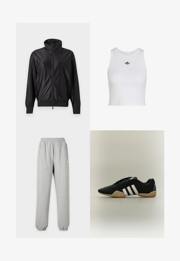 Veste de sport noire zippée intégralement avec col montant, poignets et ourlet côtelés, poches latérales et logo discret sur la poitrine gauche.; Crop top blanc sans manches avec col rond et petit logo noir Adidas trefoil centré sous le col.; Pantalon de survêtement gris clair avec taille et poignets élastiques, poches latérales et petit logo blanc sur la partie supérieure de la cuisse.; Chaussure de sport noire avec des bandes blanches et une semelle beige texturée sur un fond neutre, vue de profil.