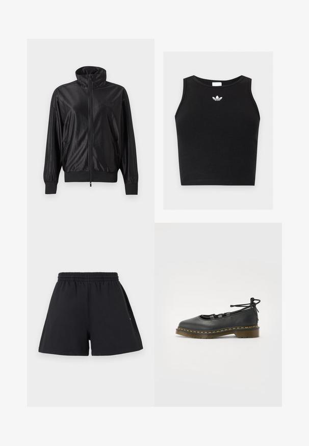 Zwarte trainingsjas met volledige rits, hoge kraag, geribde boorden en zoom, zijzakken en subtiel logo op de linkerborst.; Zwarte geribbelde mouwloze cropped top met ronde hals en klein wit Adidas trefoil-logo gecentreerd bij de kraag.; Zwarte casual shorts met elastische taille en zijzakken, plat weergegeven tegen een witte achtergrond.; Zwarte leren schoen met een ronde neus, lage hak, vetersluiting en gele stiksels langs de zool. Soepele textuur met een matte afwerking.