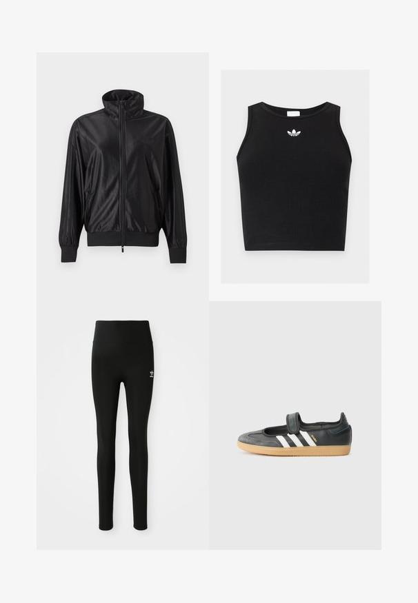Sort fuld lynlås træningsjakke med høj krave, ribstrikkede manchetter og kant, sidelommer og subtilt logo på venstre bryst.; Sort ribbet ærmeløs crop top med rund halsudskæring og lille hvid Adidas trefoil-logo centreret nær kraven.; Sorte leggings lavet af strækbart materiale med høj talje, med et lille hvidt Adidas-logo på venstre ben. Glat tekstur.; Sort læder- og ruskinds sneakers med en Velcro-rem, der har tre hvide striber og en gummisål, mærket "SAMBA" på siden.