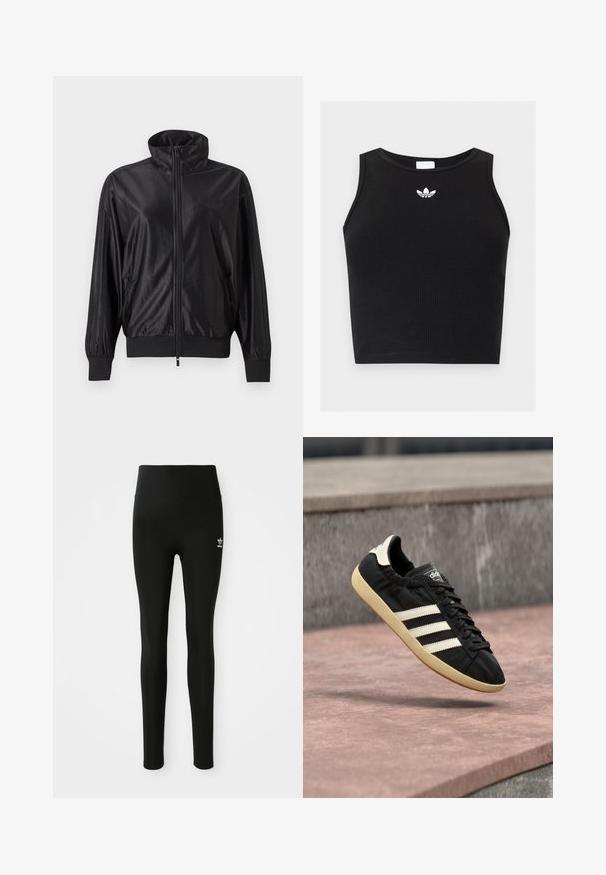 Chaqueta deportiva negra con cremallera completa, cuello alto, puños y dobladillo acanalados, bolsillos laterales y logo sutil en el lado izquierdo del pecho.; Top corto negro de canalé sin mangas con escote redondo y pequeño logo blanco de Adidas trefoil centrado cerca del cuello.; Leggings negros hechos de material elástico con una cintura alta, que presentan un pequeño logo blanco de Adidas en la pierna izquierda. Textura suave.; Zapatilla negra Adidas con rayas blancas y suela beige, capturada en el aire sobre una superficie de piedra y con fondo de muro de piedra.