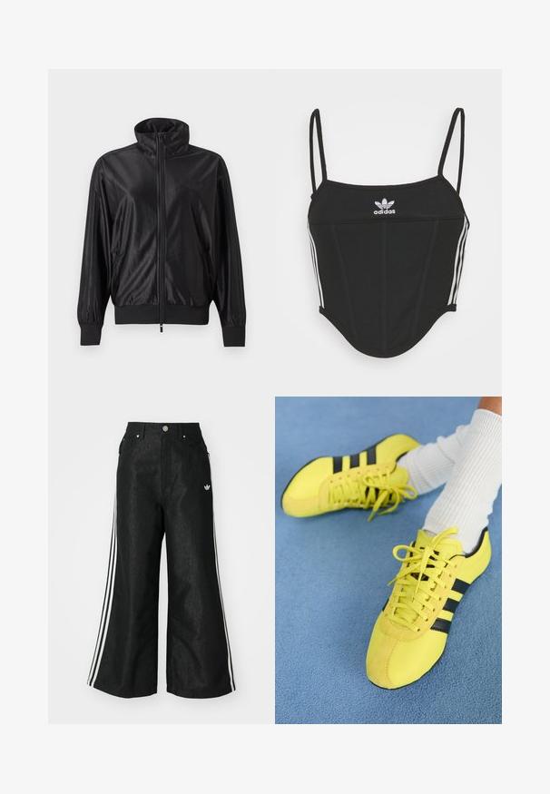 Chaqueta deportiva negra con cremallera completa, cuello alto, puños y dobladillo acanalados, bolsillos laterales y logo sutil en el lado izquierdo del pecho.; Top corto negro con canalé y tirantes finos ajustables, que presenta tres rayas blancas a los lados y un pequeño logo de Adidas blanco en el centro.; Pantalones de denim anchos y negros con tres franjas blancas en cada lado y un pequeño logo blanco. Cuenta con bolsillos frontales y un cierre de botón.; Zapatillas deportivas de color amarillo brillante con rayas y cordones negros; presentan una parte superior texturizada y acentos de ante. Se usan con calcetines blancos de canalé.