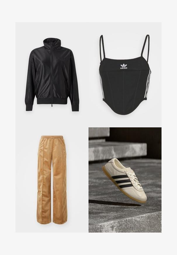 Chaqueta deportiva negra con cremallera completa, cuello alto, puños y dobladillo acanalados, bolsillos laterales y logo sutil en el lado izquierdo del pecho.; Top corto negro con canalé y tirantes finos ajustables, que presenta tres rayas blancas a los lados y un pequeño logo de Adidas blanco en el centro.; Pantalones de pierna ancha en tono beige, fabricados con un material suave y aterciopelado. Cuentan con una cinturilla elástica y costuras verticales en la parte delantera para un detalle adicional.; Zapatilla blanca con rayas negras y suela de goma suspendida sobre escaleras de hormigón en luz diurna suave.