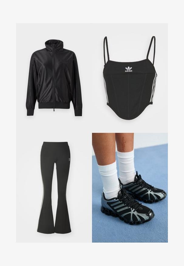 Schwarze Trainingsjacke mit durchgehendem Reißverschluss, hohem Kragen, gerippten Bündchen und Saum, seitlichen Taschen und dezentem Logo auf der linken Brust.; Schwarzes, geripptes Crop Top mit verstellbaren dünnen Trägern, das drei weiße Streifen an den Seiten und ein kleines weißes Adidas-Logo in der Mitte aufweist.; Schwarze ausgestellte Leggings aus Stretchmaterial mit hohem Bund und weißen Seitenstreifen. Inklusive kleinem Logo am Bund.; Person trägt weiße Rippsocken und schwarze Sportschuhe mit grauen Akzenten auf blauem Teppichboden.