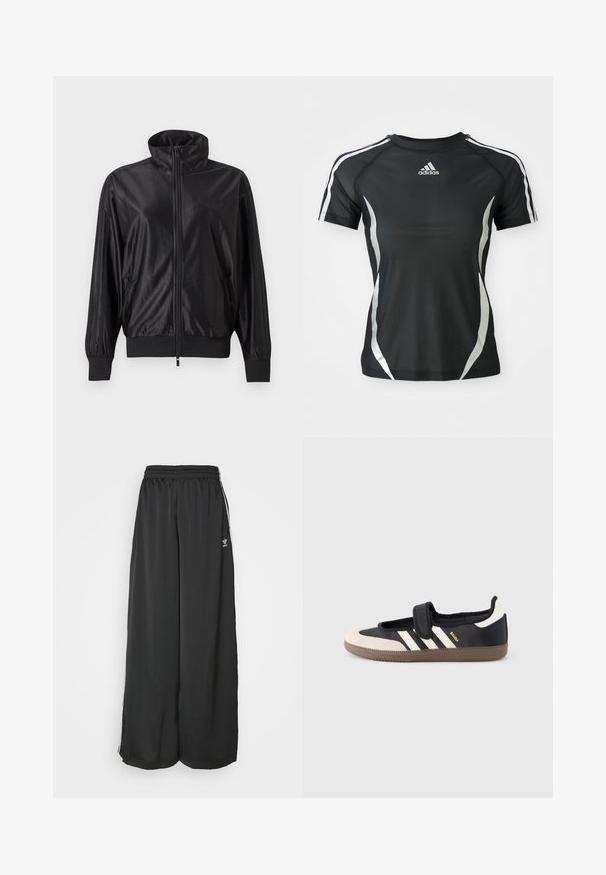 Must täis lukuga spordijakk kõrge kraega, soonikkoes varrukaplaastrite ja servadega, küljetaskutega ja peene logoga vasakul rinnal.; Mustad mustade lühikeste varrukatega Adidas sportpoliisik, millel on valged triibud õlgadel ja hõbedased kaarjad aktsendid külgedel.; Mustad, vabalt langevad spordipüksid, mis on valmistatud siledast kangast. Omab elastset vöökoht ja külgedel triibusid koos logo aktsentidega.; Must ja beež vabaajajalats klõpsrihmaga, küljele on kolm valget triipu ning pruun tekstuuriga kummist tald. Brändi logo on nähtav.