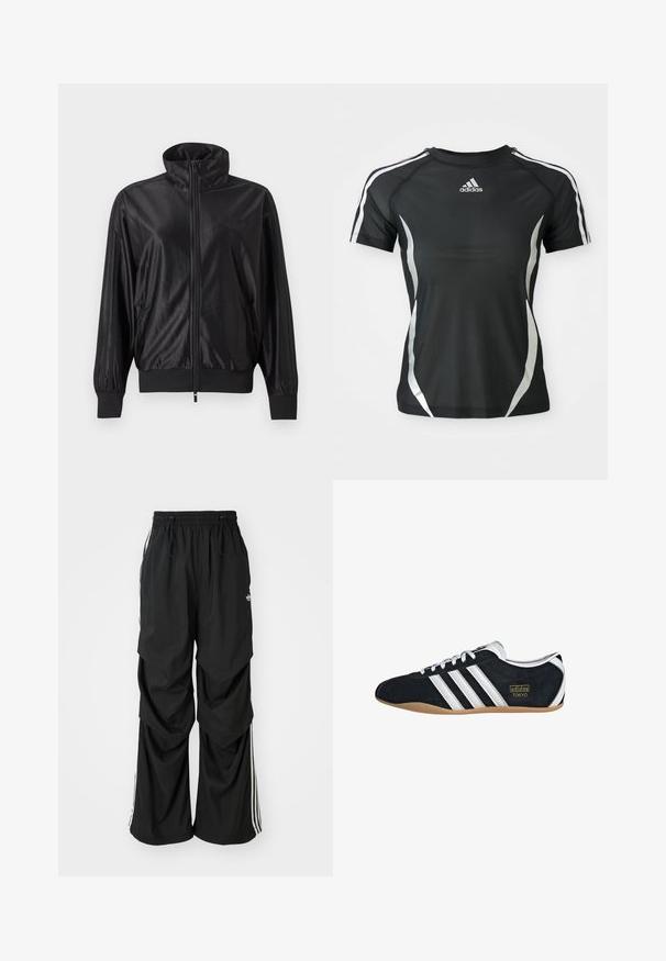 Sort fuld lynlås træningsjakke med høj krave, ribstrikkede manchetter og kant, sidelommer og subtilt logo på venstre bryst.; Sort Adidas atletisk T-shirt med korte ærmer, hvide striber på skuldrene og sølvfarvede buede detaljer på siderne.; Sorte løstsiddende bukser med elastisk talje, snøre og hvide sidestriber; lavet af letvægtsstof med en glat tekstur.; Sort ruskinds sneaker med hvide tre striber, guldlogo og en brun gummisål. Har et lavprofil snørebåndsdesign.