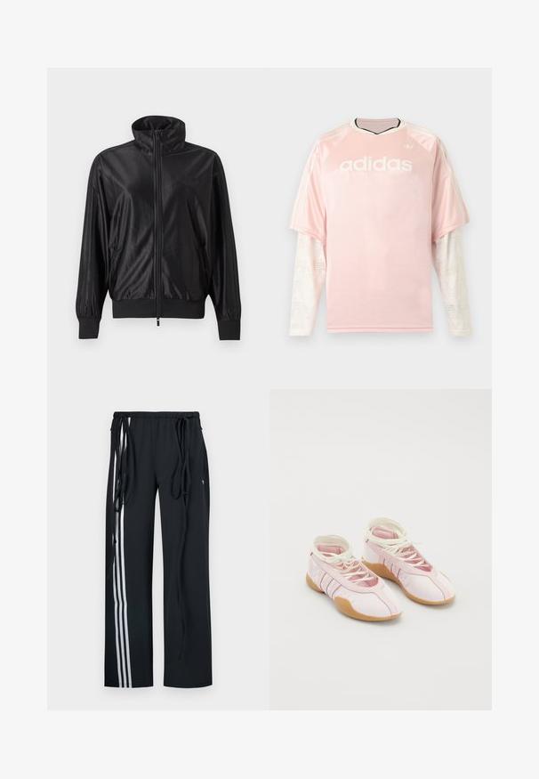 Chaqueta deportiva negra con cremallera completa, cuello alto, puños y dobladillo acanalados, bolsillos laterales y logo sutil en el lado izquierdo del pecho.; Camiseta de manga larga Adidas de color rosa claro con mangas de malla blanca con patrón y logo de Adidas en el pecho sobre un fondo gris.; Pantalones deportivos negros con cintura ajustable de cordón, con dos franjas blancas a los lados y un corte holgado. Hechos de tela suave y ligera.; Zapatillas de lona rosa con una textura suave, que presentan un diseño de cordones y una suela de goma. Detalles decorativos y tres franjas en el lateral.