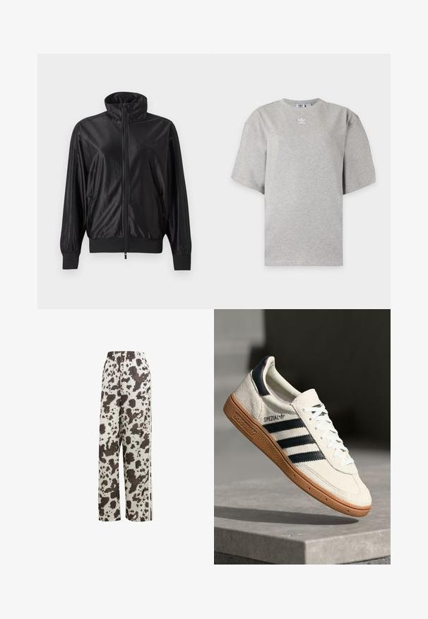 Zwarte trainingsjas met volledige rits, hoge kraag, geribde boorden en zoom, zijzakken en subtiel logo op de linkerborst.; Lichtgrijs Adidas T-shirt met korte mouwen, ronde hals en klein wit Adidas-logo op de borst, weergegeven op een effen achtergrond.; adidas Originals COW PRINT SATIN WIDE LEG - Trainingsbroek - multicolor off white; Witte suède sneakers met marineblauwe strepen, rubberen gumzool, gestructureerde bovenkant, ronde neus en veters; heeft branding aan de zijkant en op de tong.