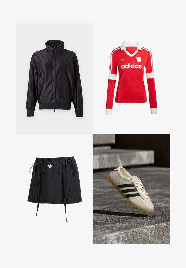 Zwarte trainingsjas met volledige rits, hoge kraag, geribde boorden en zoom, zijzakken en subtiel logo op de linkerborst.; Rode lange mouwen voetbalshirt met een witte kraag en manchetten. Heeft drie witte strepen op de schouders en het "adidas" logo prominent weergegeven.; Zwarte sport rok met verstelbare trekkoorden, met een klein wit logo aan de voorkant. Gemaakt van lichtgewicht stof met een zachte textuur.; Witte sneaker met zwarte strepen en rubberen zool zwevend boven betonnen trap in zacht daglicht.