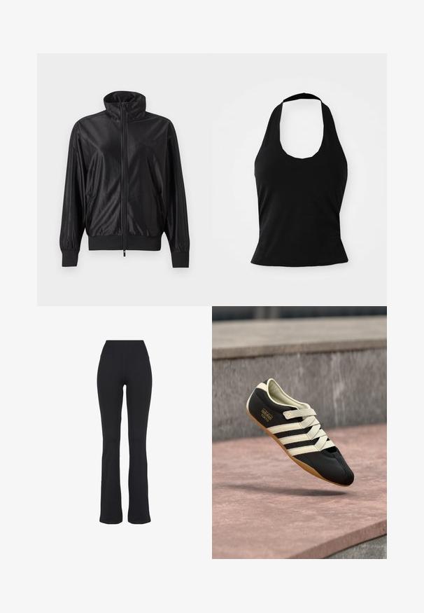Chaqueta deportiva negra con cremallera completa, cuello alto, puños y dobladillo acanalados, bolsillos laterales y logo sutil en el lado izquierdo del pecho.; Top negro tipo halter hecho de una tela suave, con un escote redondeado y una silueta ajustada, con una textura lisa y sin patrones visibles.; Pantalones de yoga negros de talle alto y ajustados con piernas acampanadas, presentados sobre un fondo blanco.; Zapatilla deportiva negra con rayas y cordones crema, con perfil bajo, textura suave y suela de goma para agarre. Etiqueta de la marca visible.