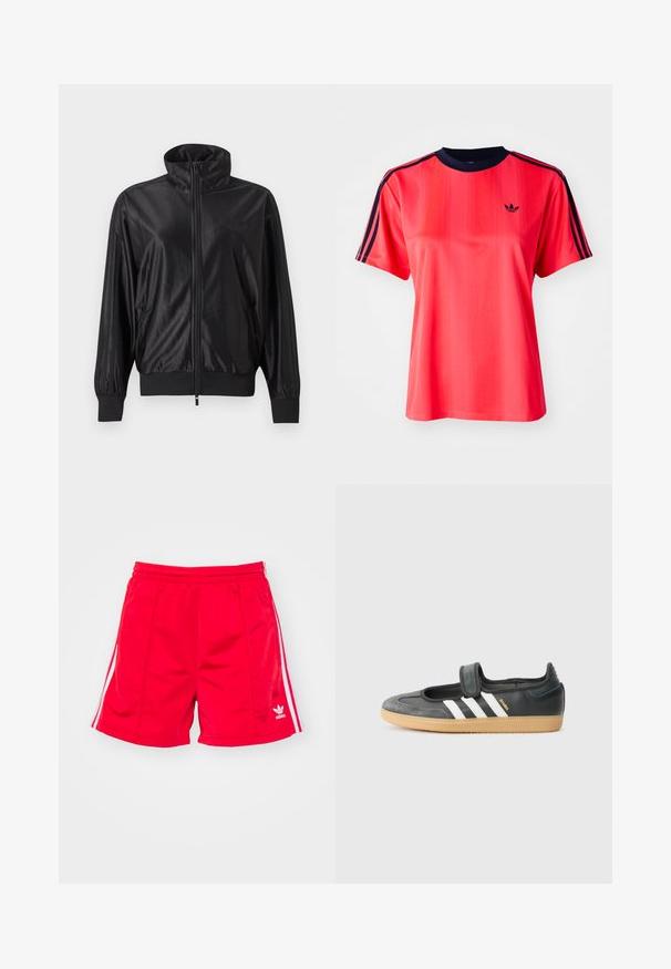Sort fuld lynlås træningsjakke med høj krave, ribstrikkede manchetter og kant, sidelommer og subtilt logo på venstre bryst.; Rød sports t-shirt med korte ærmer, der har lodrette striber, en marineblå rund hals og et lille sort logo på forsiden.; Røde sports shorts med elastisk talje, der har hvide sideløbninger og et broderet logo nederst til venstre. Glat tekstur.; Sort læder- og ruskinds sneakers med en Velcro-rem, der har tre hvide striber og en gummisål, mærket "SAMBA" på siden.