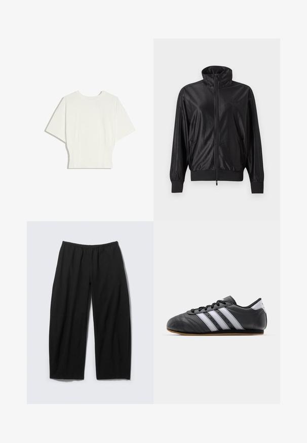 Veste de sport noire zippée intégralement avec col montant, poignets et ourlet côtelés, poches latérales et logo discret sur la poitrine gauche.; Haut blanc ajusté à manches courtes avec un col rond et des manches légèrement évasées, présenté sur un fond blanc uni.; Pantalon noir ample avec taille élastique et jambes larges et droites, présenté à plat sur un fond clair.; Baskets de sport en cuir noir avec des rayures blanches, bout rond, semelle plate et fermeture à lacets. Comprend des perforations pour la respirabilité.