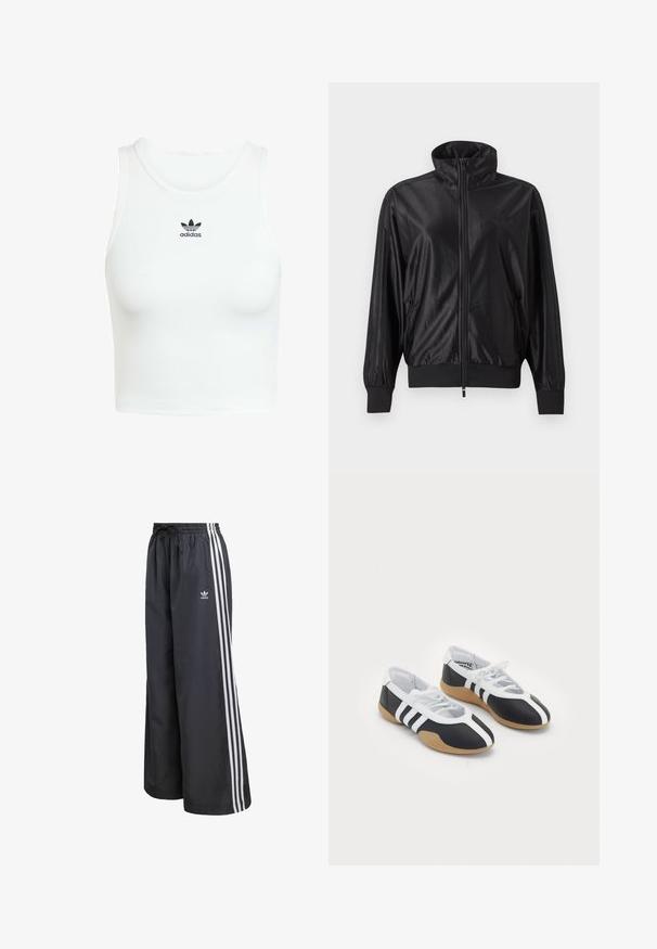 Chaqueta deportiva negra con cremallera completa, cuello alto, puños y dobladillo acanalados, bolsillos laterales y logo sutil en el lado izquierdo del pecho.; Camiseta sin mangas de algodón blanca con una textura de canalé ajustada, escote redondo y logo de Adidas bordado en negro en la parte frontal.; Pantalones deportivos negros hechos de material ligero, con tres rayas verticales blancas y una cintura elástica con cordón.; Zapatillas deportivas en blanco y negro con un diseño elegante, suela de goma, cierre de cordones y tres franjas blancas en los lados.