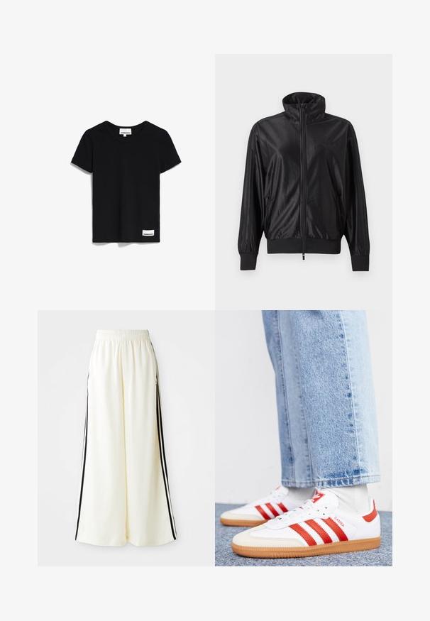 Chaqueta deportiva negra con cremallera completa, cuello alto, puños y dobladillo acanalados, bolsillos laterales y logo sutil en el lado izquierdo del pecho.; Camiseta de manga corta negra hecha de suave tela de algodón. Presenta un cuello redondo y una pequeña etiqueta en la parte inferior con el texto "ARMEDANGELS".; Pantalones anchos blancos con cintura elástica y rayas verticales negras a lo largo de las costuras exteriores.; Zapatillas de cuero blancas con rayas y detalles rojos. Cuentan con una suela de goma texturizada y un collar acolchado. Llevadas con denim azul claro.