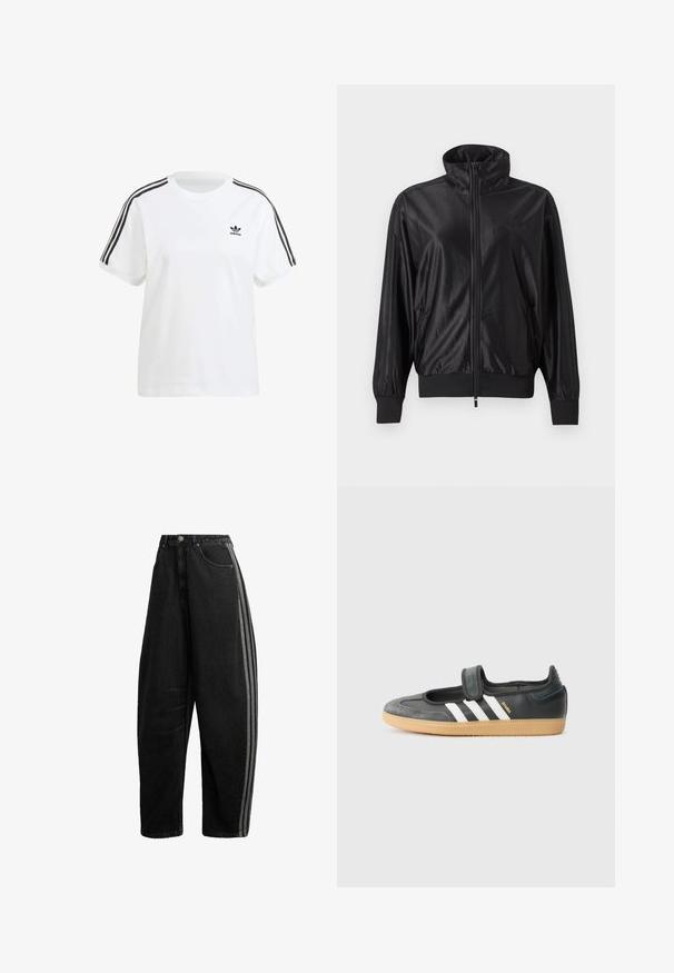Schwarze Trainingsjacke mit durchgehendem Reißverschluss, hohem Kragen, gerippten Bündchen und Saum, seitlichen Taschen und dezentem Logo auf der linken Brust.; Weißes Baumwoll-T-Shirt mit kurzen Ärmeln, Rundhalsausschnitt und schwarzen vertikalen Streifen an den Schultern, mit einem kleinen schwarzen Logo auf der Brust.; Schwarze Jeans mit weitem Bein, hoher Taille, Knopf- und Reißverschluss, Vordertaschen und zwei grauen Streifen entlang der äußeren Seitennaht.; Schwarze Leder- und Wildledersneaker mit einem Klettverschluss, ausgestattet mit drei weißen Streifen und einer Gummisohle, beschriftet mit "SAMBA" an der Seite.