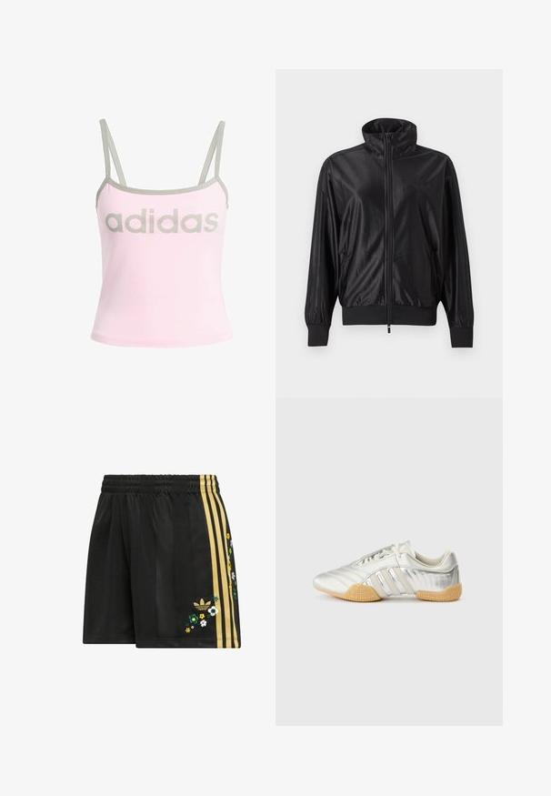 Must täis lukuga spordijakk kõrge kraega, soonikkoes varrukaplaastrite ja servadega, küljetaskutega ja peene logoga vasakul rinnal.; Hele roosa tank top hallide ääred ja reguleeritavad spagett-rihmad, millel on suur keskel hall "adidas" logo. Puuvillane materjal.; Mustad treeninglühikesed püksid elastse vöökohaga, mille külgedel on kolm kuldset triipu ja mitmevärviline lillemotiiv.; Hõbedane spordijalats, millel on siledast nahast pealmine osa, kummist tallad ja tekstuuriga detailid. Omadused hõlmavad kõverdatud kujundust ja toonitoonilisi paelu.