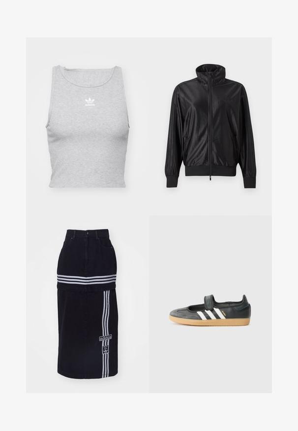 Sort fuld lynlås træningsjakke med høj krave, ribstrikkede manchetter og kant, sidelommer og subtilt logo på venstre bryst.; Grå, ærmeløs crop top lavet af blødt stof, med rund halsudskæring og et lille hvidt Adidas-logo på brystet.; Sort denimnederdel med høj talje, der har to hvide vandrette striber, et Adidas-logo på siden og et lige snit.; Sort læder- og ruskinds sneakers med en Velcro-rem, der har tre hvide striber og en gummisål, mærket "SAMBA" på siden.