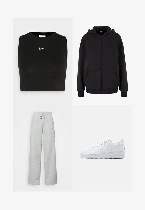 Sudadera con cremallera de color negro, hecha de una tela suave, cuenta con una cremallera frontal, dos bolsillos laterales y una capucha con cordón. Textura suave y corte relajado.; Top corto negro sin mangas hecho de material acanalado, con cuello redondo y un pequeño logo blanco de Nike en el pecho.; Pantalones de chándal grises con cintura elástica, detalle de cordón y un pequeño logo blanco de Nike en el muslo izquierdo. Tejido suave, de corte holgado.; Zapatilla blanca Nike Air Force 1 de corte bajo con cierre de cordones, puntera perforada y el icónico logo swoosh en el lateral.