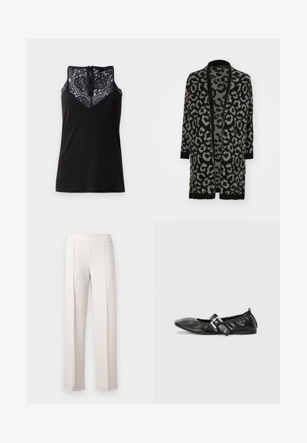 Sort og grå leopardprint cardigan med åben front, lange ærmer, ribbede kanter og en blød strikket tekstur.; Sort tanktop med blondeoverlay ved udskæringen, med et V-formet design og en lynlås i ryggen. Glat stoftekstur.; Lys beige vidde bukser lavet af glat stof, der har høj talje, to frontfoldninger og en ren, skræddersyet finish.; Sorte læder flade sko med spids tå, samling detaljer omkring åbningen, og en sølv spænde accent på den justerbare rem.