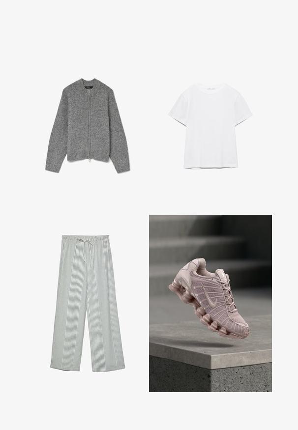 Cardigan en tricot gris avec col rond, fermeture éclair intégrale et poignets côtelés. Fabriqué à partir d'un matériau doux avec une finition texturée.; T-shirt blanc uni à manches courtes et col rond, avec un ourlet droit, présenté sur un fond blanc.; Pantalons légers à jambes larges avec un motif rayé vertical vert et blanc. Présentent une taille élastique avec une fermeture à cordon.; Chaussures Nike Air Max en rose clair, avec une tige en mesh, une languette rembourrée et une semelle épaisse transparente au design ondulé.