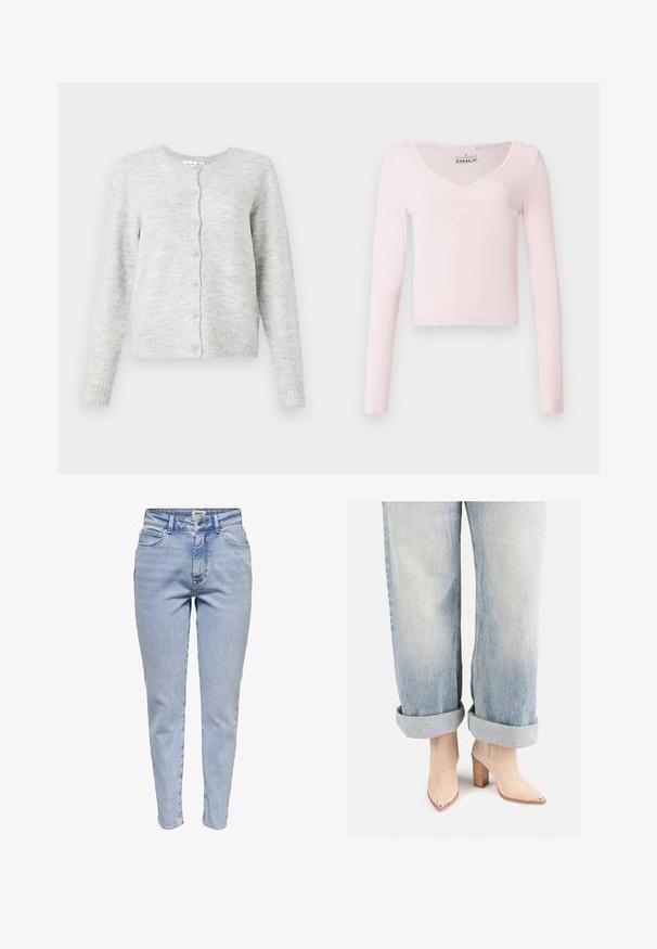 Grauer Cardigan aus weichem Material mit rundem Ausschnitt, langen Ärmeln und Knopfverschluss auf der Vorderseite. Merkmale sind ein gerippter Saum und gerippte Bündchen.; Hellrosa, langärmeliges, geripptes Strickoberteil mit V-Ausschnitt und dezent gerafftem Detail in der Mitte vorne.; Helles blaues, hoch geschnittenes Slim-Fit-Jeans mit vorderem Knopf, Reißverschluss und Fünf-Taschen-Design.; Beige Wildleder-Ankle-Boots mit einer spitzen Zehenpartie und metallicfarbenem Absatz, kombiniert mit hellblauen hochgekrempelten Jeans.