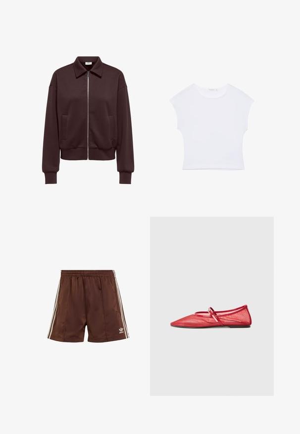 Veste marron foncé zippée avec un col pointu, des manches longues, deux poches avant et des poignets et un ourlet côtelés.; T-shirt court blanc à manches courtes avec col rond, en tissu lisse, posé à plat sur un fond blanc.; Shorts de sport marron en tissu lisse avec une coupe décontractée, présentant des rayures blanches sur les côtés et un logo brodé en bas à gauche.; Flats de ballet en maille rouge avec un bout pointu et une sangle sur le dessus du pied. Des accents brillants améliorent le design, avec une semelle plate.