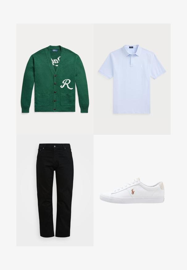 Cardigan vert en maille boutonné avec deux poches avant et une lettre blanche "R" en bas à droite.; Polo en coton bleu clair avec manches courtes, un col classique, des accents blancs et un petit logo sur la poitrine gauche.; Jean noir en coton, avec une coupe classique, un design à cinq poches et un bouton métallique. Texture lisse avec des jambes droites.; Baskets en toile blanches avec un design basse, présentant un onglet de talon beige et un petit logo brodé sur le côté. Semelle en caoutchouc.