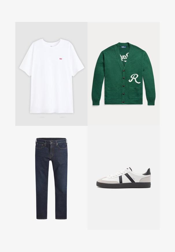 Grøn strikket cardigan med knapper med to forlommer og et hvidt bogstav "R" på nederste højre side.; Hvid bomulds t-shirt med korte ærmer og rund halsudskæring. Har et lille rødt Levi's logo på venstre bryst. Flad design, uden mønstre.; Mørkeblå denim jeans med lige ben, fem-lomme design og metalknaplukning. Har kontrasterende syning overalt.; Hvide sneakers med sorte og grå detaljer, med en tekstureret grå tåhætte, sort gummisål og flade hvide snørebånd. Rent design, minimalistisk stil.