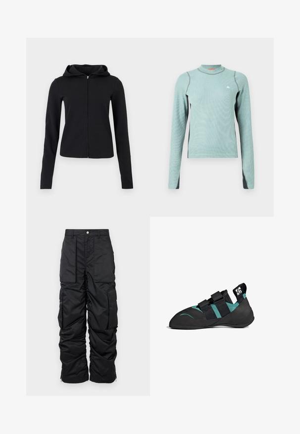 Sudadera negra de manga larga con cremallera y capucha incorporada, tejido liso y un corte ajustado y ligeramente entallado.; Camisa de manga larga verde claro con un cuello alto, que presenta acentos grises y una tela texturizada. Pequeño logo en el pecho.; Pantalones cargo negros aislados con una textura suave, que cuentan con múltiples bolsillos, un dobladillo con cremallera y un cierre de botón en la cintura.; Zapato de escalada negro con punta afilada, doble correa de Velcro, acentos en verde esmeralda y suela de goma texturizada para un mejor agarre.