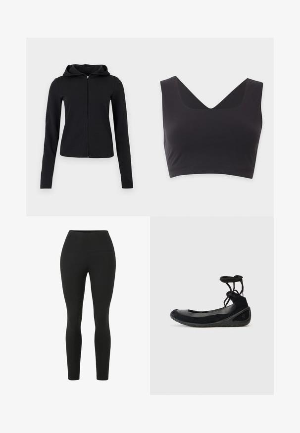 Schwarzer langärmeliger Kapuzenpullover mit Reißverschluss und angenähter Kapuze, glattem Stoff und einem schlanken, leicht taillierten Schnitt.; Schwarzes ärmelloses Crop-Top mit breiten Trägern und tiefem V-Ausschnitt auf einfarbig hellem Hintergrund.; Schwarze Leggings mit einem hohen Bund. Hergestellt aus dehnbarem Stoff, mit einer glatten Textur und einer anliegenden Silhouette ohne sichtbare Nähte.; Schwarze Ballerinas mit einem Wildleder-Obermaterial, Gummisohle und kreuzverlaufender Schnürung. Mit einer abgerundeten Spitze und einem strukturierten Seitenakzent.