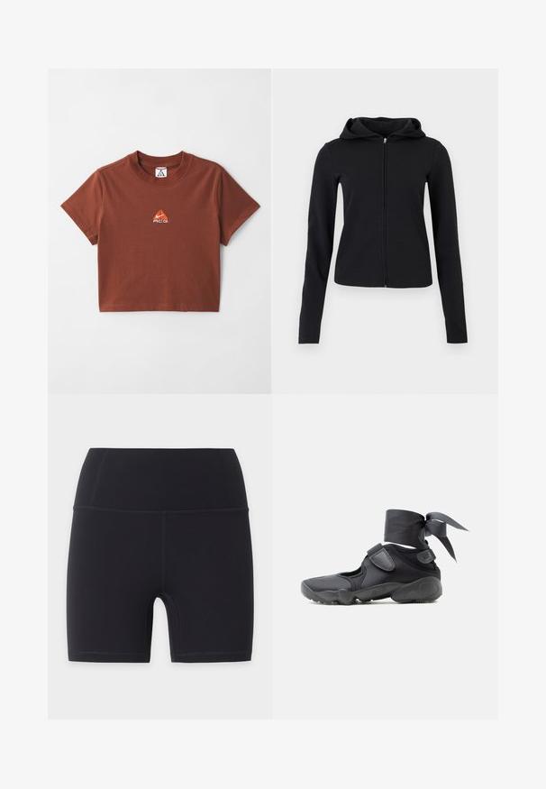 Sort langærmet hættejakke med lynlås og fast hætte, glat stof og et slankt, let figursyet snit.; Brun bomulds T-shirt med kort ærme, som har et lille orange broderet logo på brystet og klassisk rund hals.; Sorte atletiske cykelshorts med høj talje og flade syninger, designet til en tætsiddende pasform og længde til midt på låret.; Sort atletiksko med udskæringer, velcrolukninger og ankelrem bundet i en sløjfe, vist fra siden på en hvid baggrund.