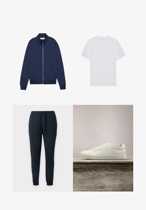 Chaqueta de cremallera azul marino en mezcla de algodón, con cuello alto, bolsillos laterales, puños y dobladillo acanalados, y un diseño minimalista con una textura sutil.; Camiseta de algodón blanca con mangas cortas, cuello redondo y una textura suave. Presenta una marca mínima en el escote.; Pantalones deportivos azul oscuro hechos de mezcla de algodón, con cintura elástica con cordón y puños en los tobillos. Detalle de pequeño logo amarillo.; Zapatilla blanca con cordones flotando sobre un banco de madera con follaje verde al fondo, mostrando el diseño y la textura del zapato.
