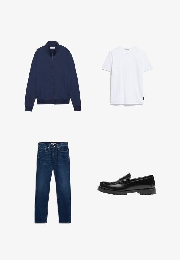 Marine blauwe zip-up jack van een katoenmix, met een hoge kraag, zijzakken, geribde manchetten en zoom, subtiele textuur en een minimalistisch ontwerp.; Effen witte T-shirt met korte mouwen en een ronde hals, met een klein zwart merkje op het lagere zijnaadje.; Donkerblauwe denim jeans met een rechte snit, vijf zakken en contrasterende stiksels. Voorzien van een knoopsluiting en rits.; Zwarte leren loafer met een dikke rubberen zool en klassieke penny-strap details, gezien vanaf de buitenkant.