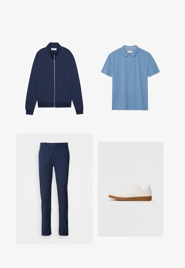 Chaqueta de cremallera azul marino en mezcla de algodón, con cuello alto, bolsillos laterales, puños y dobladillo acanalados, y un diseño minimalista con una textura sutil.; Camisa polo de color azul claro, hecha de tejido texturizado, con cuello tipo polo, tapeta de tres botones y mangas cortas.; Pantalones azul marino de tela suave, con un diseño de pierna recta, cierre de cremallera y un único bolsillo frontal con cierre de botón.; Zapatilla blanca con una puntera de ante, parte superior sintética suave y suela de goma marrón. Presenta perforaciones en los laterales para mayor transpirabilidad.