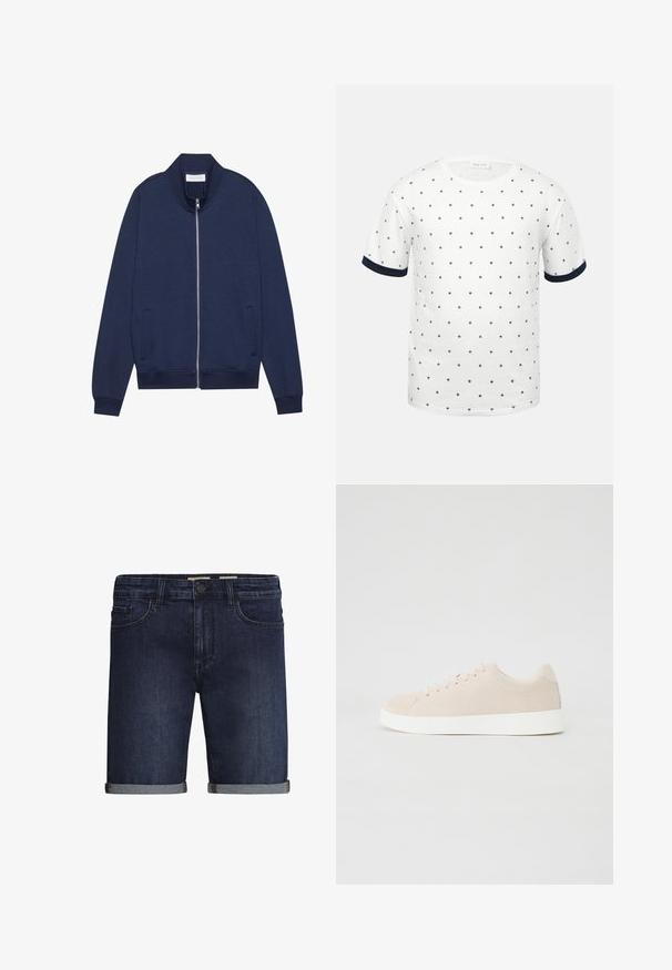 Marineblaue Sweatjacke aus Baumwollmischung, ausgestattet mit einem hohen Kragen, seitlichen Taschen, gerippten Bündchen und Saum, sowie einer dezenten Textur und minimalistischen Design.; Weißes Kurzarm-T-Shirt mit kleinen schwarzen Anker-Mustern und marineblauem Saum an den Ärmelbündchen, Vorderansicht auf schlichtem Hintergrund.; Dunkelblaue Denim-Shorts mit klassischem Fünf-Taschen-Design, umgeschlagenem Saum und Knopfverschluss. Glatte Textur.; Beige Wildlederschuhe mit weißen Gummisohlen, runder Zehenform und sechs Ösen für die Schnürsenkel. Glatte Textur mit minimalistischem Design.