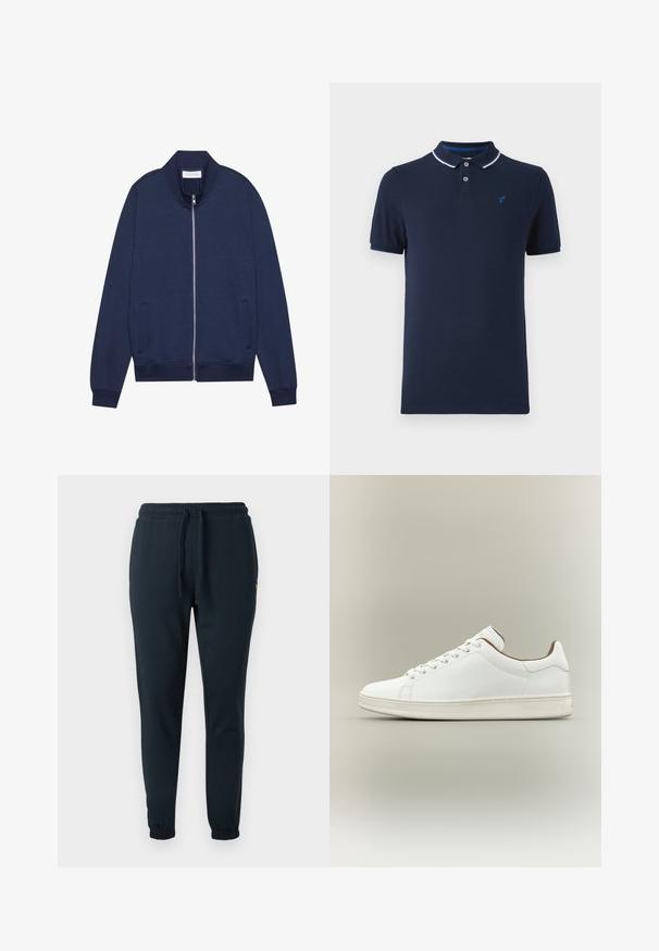 Marineblaue Sweatjacke aus Baumwollmischung, ausgestattet mit einem hohen Kragen, seitlichen Taschen, gerippten Bündchen und Saum, sowie einer dezenten Textur und minimalistischen Design.; Marineblaues Poloshirt aus Baumwolle mit Kragen, zwei Druckknöpfen, kurzen Ärmeln und einem kleinen Logo auf der Brust.; Dunkelblaue Sweatpants aus Baumwollmischung, mit elastischem Bund und Kordelzug sowie Bündchen an den Knöcheln. Kleines gelbes Logo-Detail.; Weißer Sneaker mit niedrigem Schaft, Schnürverschluss, glattem Lederoberteil und hellbeiger Sohle vor neutralem Hintergrund.