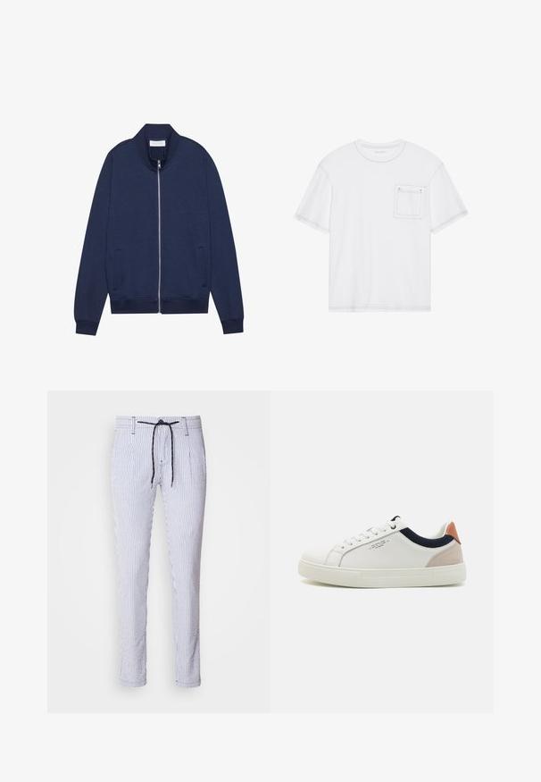 Veste zippée bleu marine en mélange de coton, avec un col montant, des poches latérales, des poignets et un ourlet côtelés, présentant une texture subtile et un design minimaliste.; T-shirt en coton blanc à manches courtes, col rond et poche poitrine. Présente des coutures contrastantes le long des bords.; Pantalons rayés en mélange de coton bleu clair et blanc, dotés d'une taille élastique avec cordon de serrage, de poches latérales et d'un design ajusté avec des jambes fuselées.; Baskets en cuir blanc avec un design bas, accent en tissu bleu marine sur le col et onglet de talon en daim rose pâle. Semelle en caoutchouc.