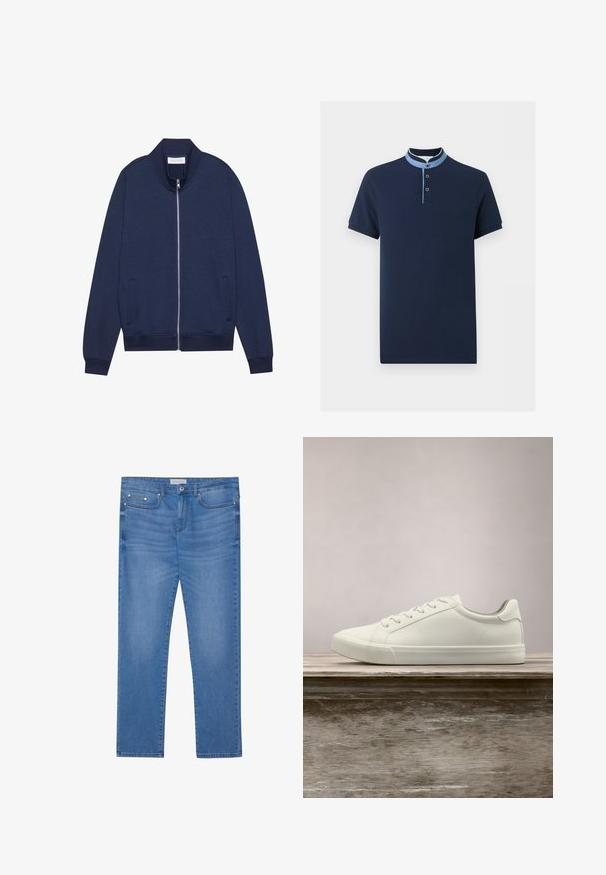 Marineblå zip-up jakke i bomuldsblanding, med høj krave, sidelommer, ribbede manchetter og kant, samt subtil tekstur og minimalistisk design.; Marineblå polo med korte ærmer, lyseblå mandarinhals og tre knapper på stolpelukningen.; Lyseblå denimjeans med lige ben, femlommes design, subtil falming og metalbeslag ved taljen og lommerne.; Hvide snørresneakers svævende over en træbænk med grønne planter i baggrunden, der fremhæver skodesign og tekstur.
