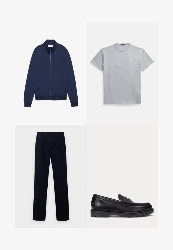 Marineblaue Sweatjacke aus Baumwollmischung, ausgestattet mit einem hohen Kragen, seitlichen Taschen, gerippten Bündchen und Saum, sowie einer dezenten Textur und minimalistischen Design.; Graues Baumwoll-T-Shirt mit Rundhalsausschnitt, kurzen Ärmeln und einem kleinen weißen Logo auf der linken Brust. Glatte Textur und legerer Schnitt.; Marineblaue Hose aus strukturiertem Stoff, mit flachem Vorderteil, zwei Falten und einem Knopfverschluss, in gerader Beinform.; Schwarzer Lederloafer mit dicker Profilsohle und kleinem grünen "Polo"-Etikett an der Außenseite nahe der Ferse.