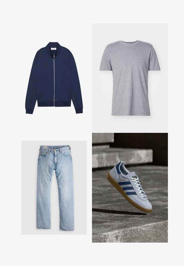 Marineblå zip-up jakke i bomuldsblanding, med høj krave, sidelommer, ribbede manchetter og kant, samt subtil tekstur og minimalistisk design.; Grå, kortærmet t-shirt lavet af en bomuldsblanding, der har en klassisk crew neckline og en glat, blød tekstur.; Lyseblå denim jeans med lige pasform, fem-lomme design, diskret slidmærker og kontrastsyning. Knap- og lynlåslukning.; Lyseblå Adidas Spezial sneakers med marineblå striber og gummisål, vist i luften over betontrapper i et neutralt udendørsmiljø.