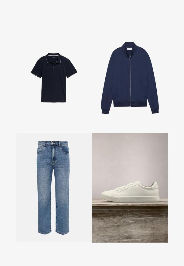 Marineblå zip-up jakke i bomuldsblanding, med høj krave, sidelommer, ribbede manchetter og kant, samt subtil tekstur og minimalistisk design.; Mørkeblå polo shirt lavet af bomuld, med en klassisk krave, tre-knap lukning og kontrasterende lys grå trim på kraven og ærmerne.; Blå denimjeans med lige ben, forlommer, bæltestropper, knaplukning og falmet vaskedetalje.; Hvide snørresneakers svævende over en træbænk med grønne planter i baggrunden, der fremhæver skodesign og tekstur.