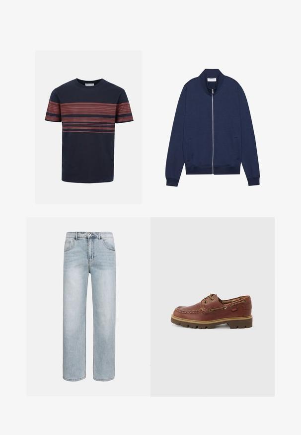 Veste zippée bleu marine en mélange de coton, avec un col montant, des poches latérales, des poignets et un ourlet côtelés, présentant une texture subtile et un design minimaliste.; T-shirt bleu marine à manches courtes avec fines rayures rouges horizontales sur la poitrine et les manches, col rond.; Jean bleu clair à jambes droites avec poches avant, fermeture par bouton et légère décoloration sur les cuisses et les genoux.; Chaussure bateau marron en cuir à lacets avec semelle beige, bout rond et design moc toe cousu sur fond blanc.
