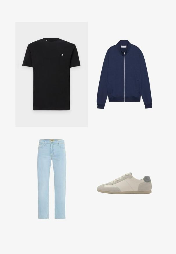 Marineblå zip-up jakke i bomuldsblanding, med høj krave, sidelommer, ribbede manchetter og kant, samt subtil tekstur og minimalistisk design.; Sort bomulds- T-shirt med korte ærmer, rund halsudskæring og et lille hvidt logo på venstre brystområde. Glat tekstur, enkelt design.; Lysblå denim jeans med lige snit, fem-lomme design, subtil falmning og klassisk talje med lukning med knap foran.; Lavprofil beige sneaker med lysegrå ruskindsdetaljer, flad sål og hvide snørebånd, vist fra ydersiden.