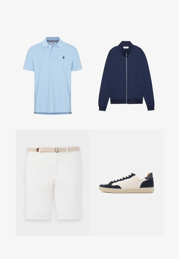 Marineblaue Sweatjacke aus Baumwollmischung, ausgestattet mit einem hohen Kragen, seitlichen Taschen, gerippten Bündchen und Saum, sowie einer dezenten Textur und minimalistischen Design.; Helles blaues Polohemd mit kurzen Ärmeln aus weicher Baumwolle. Mit einer Knopfleiste mit drei Knöpfen, Kragen und besticktem Logo auf der Brust.; Weiße Baumwollshorts mit einem gewebten beigen Gürtel mit braunen Akzenten. Die Shorts haben ein sauberes Design und eine glatte Textur.; Leder- und Wildleder-Sneaker in Marineblau und Creme mit Gummisohle, runder Zehenform und weißen Schnürsenkeln. Verfügt über perforierte Akzente an den Seiten.