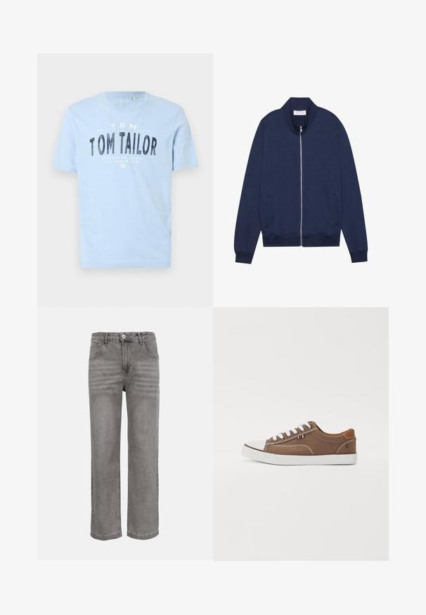 Marineblaue Sweatjacke aus Baumwollmischung, ausgestattet mit einem hohen Kragen, seitlichen Taschen, gerippten Bündchen und Saum, sowie einer dezenten Textur und minimalistischen Design.; Hellblaues Baumwoll-T-Shirt mit rundem Ausschnitt und kurzen Ärmeln. Es hat fettgedruckten, schwarzen Text: "TOM TAILOR" und weitere Branding-Details.; Gerade geschnittene Jeans aus grauem Denim mit vorderem Knopf- und Reißverschluss, Gürtelschlaufen und zwei vorderen Taschen.; Braune Canvas-Sneaker mit weißen Schnürsenkeln, Gummispitze und kontrastierenden hellbraunen Akzenten an der Ferse, die ein kleines dreifarbige Emblem aufweisen.