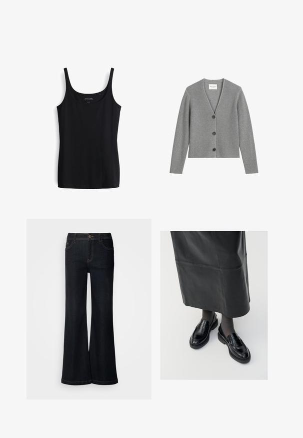 Grijze geribbelde cardigan, gemaakt van zacht breimateriaal, met een V-hals, lange mouwen en drie zwarte knopen aan de voorkant.; Zwarte tanktop met dunne bandjes, gemaakt van zacht, rekbaar materiaal. Heeft een eenvoudig, getailleerd ontwerp en een ronde halslijn.; Mos Mosh MMDARA DELUXE JEANS - Relaxed fit jeans - dark blue; Zwarte leren loafers met een gladde afwerking, voorzien van een decoratieve band, ronde neus en gestructureerde zool. Draagt met een lange zwarte leren rok.
