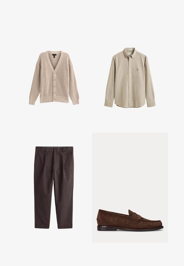 Beige gebreide cardigan met een V-hals, geribbelde textuur en zes knopen aan de voorkant. Voorzien van lange mouwen en een relaxte pasvorm.; Beige overhemd met lange mouwen, knoopsluiting, kraag, borstzak en een klein geborduurd logo op de zak. Het overhemd is afgebeeld tegen een effen achtergrond.; Bruine herenkleedbroek met een subtiel ruitpatroon, knoopsluiting, zijzakken en riemlussen, plat gelegd op een witte achtergrond.; Bruine suède penny loafer met lage hak en zichtbare stiksels langs de neus, zijkant en achterkant, weergegeven op een effen lichte achtergrond.