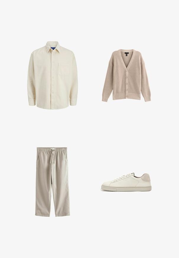 Beige strikket cardigan med V-hals, ribbet tekstur og seks frontknapper. Har lange ærmer og en afslappet pasform.; Beige corduroy skjorte med knaplukning foran, krave, lange ærmer og en enkelt brystlomme. Har smalle lodrette striber.; Beige fritidbukser med elastik i taljen, snøre, sidelommer, lige ben og knaplukning foran.; Hvid lavtopet lædersneaker med hvide snørebånd, let struktureret sål og lys grå ruskinds-hælpatch, sideudsigt.